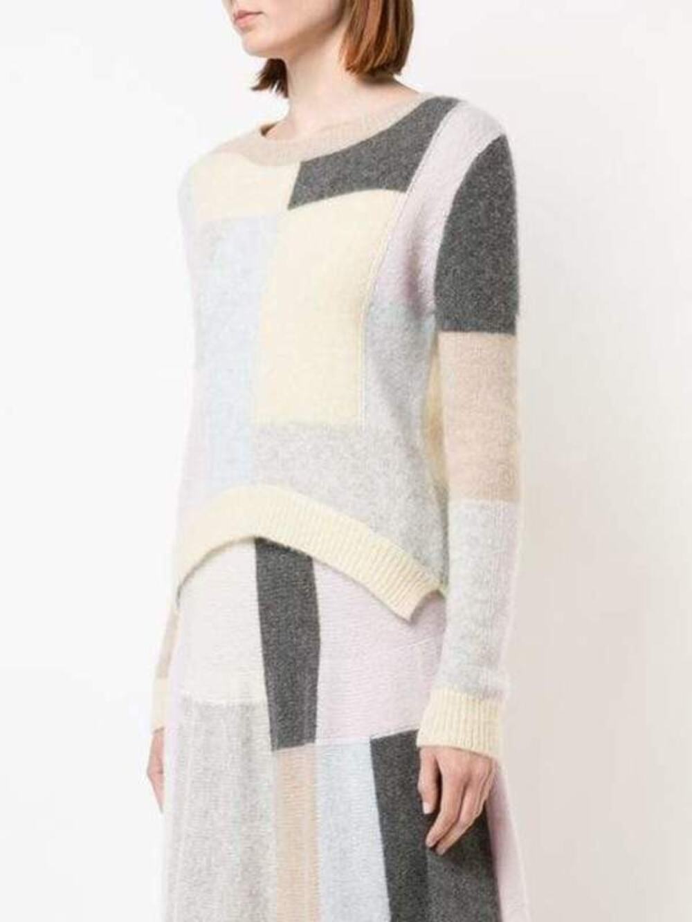 Adam Lippes Brushed Wool Knit Patchwork Colorblock Long Sleeve Crewneck Sweater